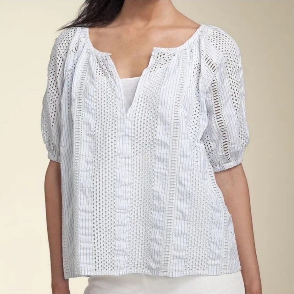 Organic John Patrick Pima Cotton Eyelet Blouse Blue Stripe Boho Top L